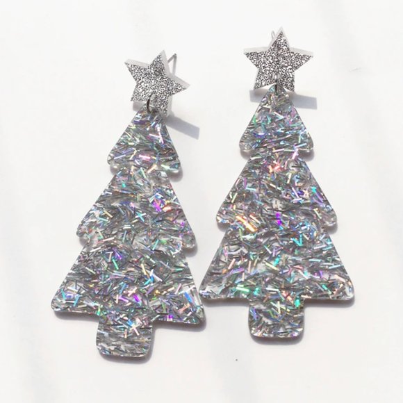 Clear Lucite glitter vintage inspired Christmas tree earrings - Picture 4 of 6